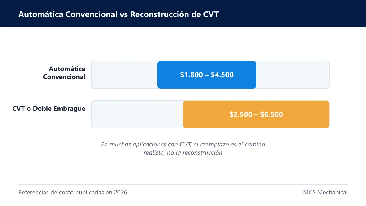 Reconstruir o reemplazar transmisión — comparativo de rango de costo entre automática y CVT