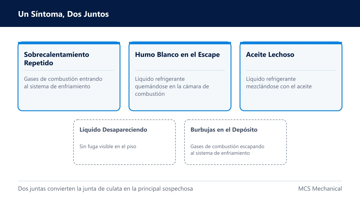 Junta de culata quemada síntomas — tarjeta que conecta cada señal con lo que ocurre dentro del motor