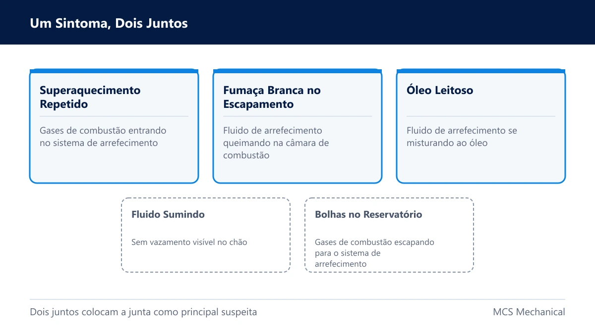 Junta do cabeçote queimada sintomas — card ligando cada sinal ao que acontece dentro do motor