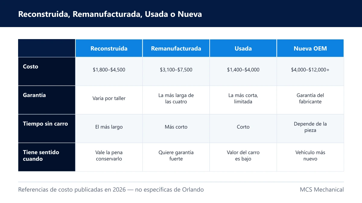 Comparativo de cuatro columnas entre reconstruida, remanufacturada, usada y nueva