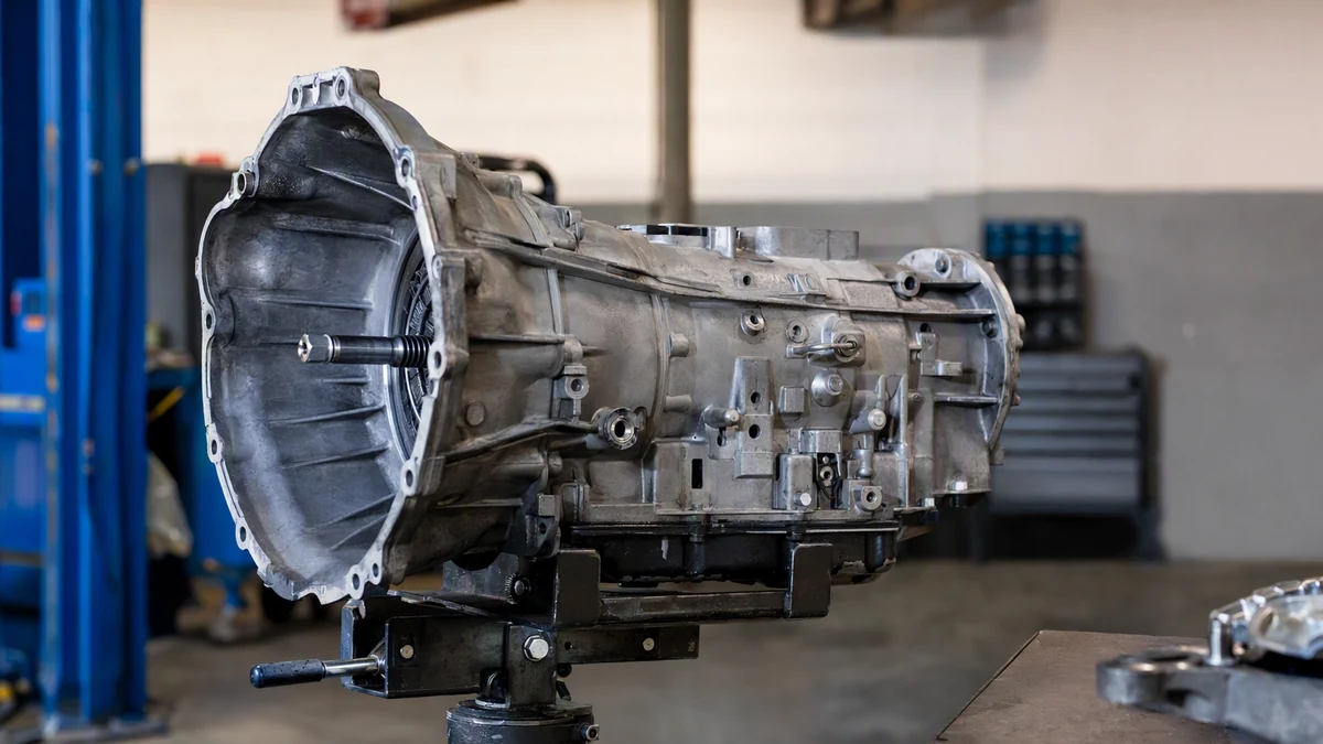 Transmission rebuild vs replace — automatic transmission removed and mounted on a shop stand